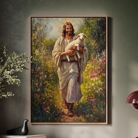 Jesus Christ Carrying Lamb Through Wildflower Meadow Good Shepherd Poster