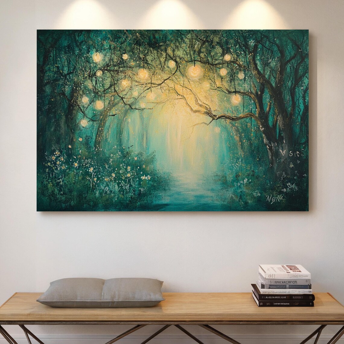Whimsical Forest Path With Hanging Lights, Art Print