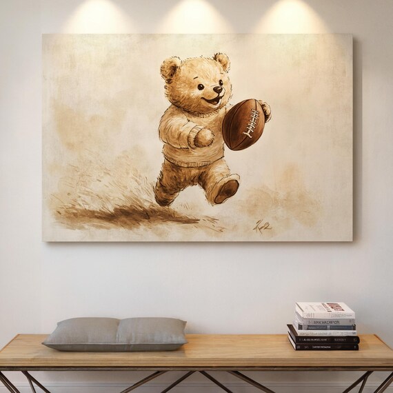 Vintage Football Teddy Bear Poster, Cute Sepia Nursery Decor