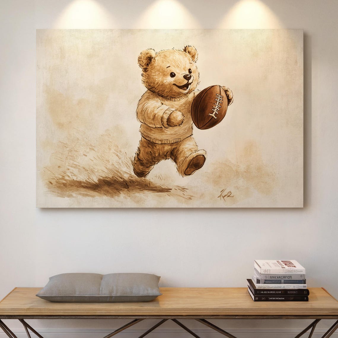 Vintage Football Teddy Bear Poster, Cute Sepia Nursery Decor