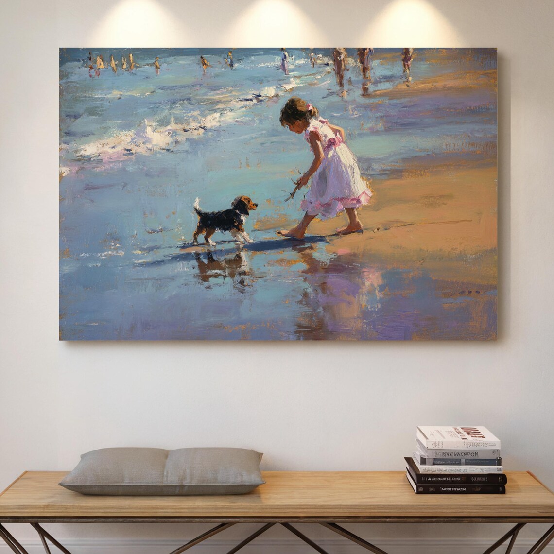 A Little Girl And Puppy Playing On A Sunny Beach Fun Art Poster