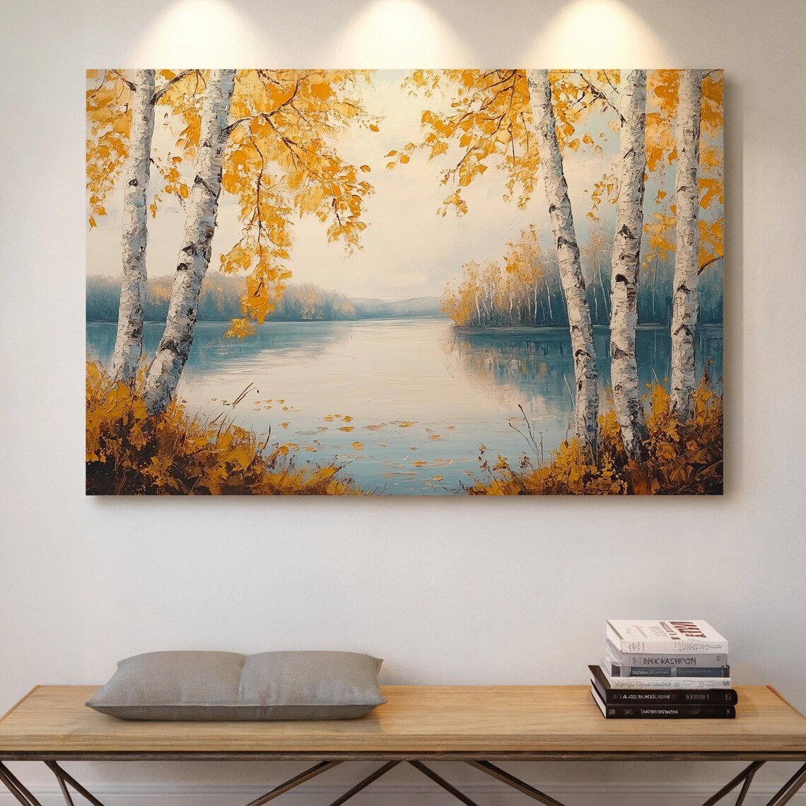 Golden Autumn Birch Trees By Calm Lake Scenic Nature Landscape Poster