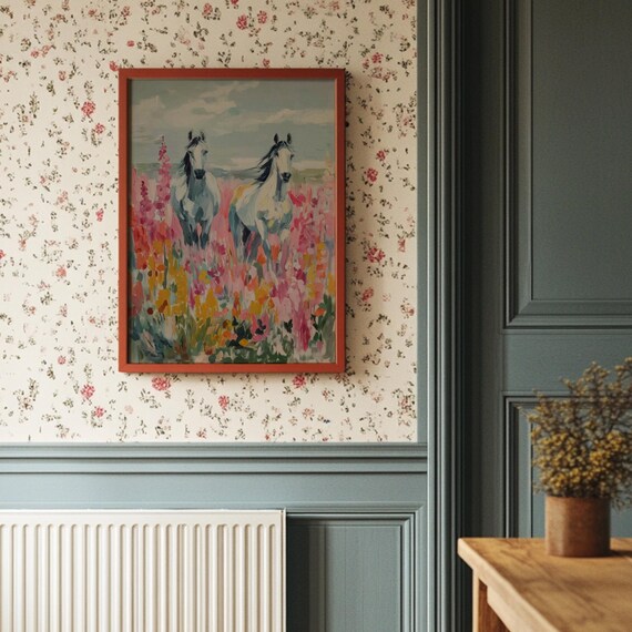 Two White Horses Running Through Colorful Wildflower Field Painting Poster