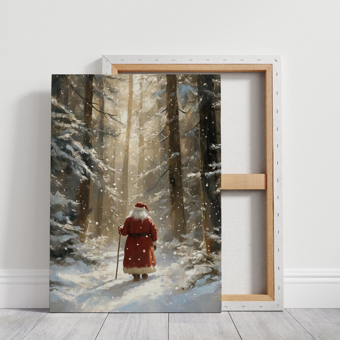 Santa Claus Walking Through A Snowy Pine Forest At Dawn Poster