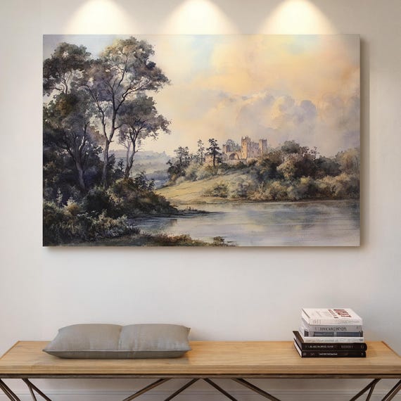 Medieval Castle Landscape Canvas Serene Watercolor Countryside With Trees Lake And Historic Fortress Wall Art For Vintage Home Dcor