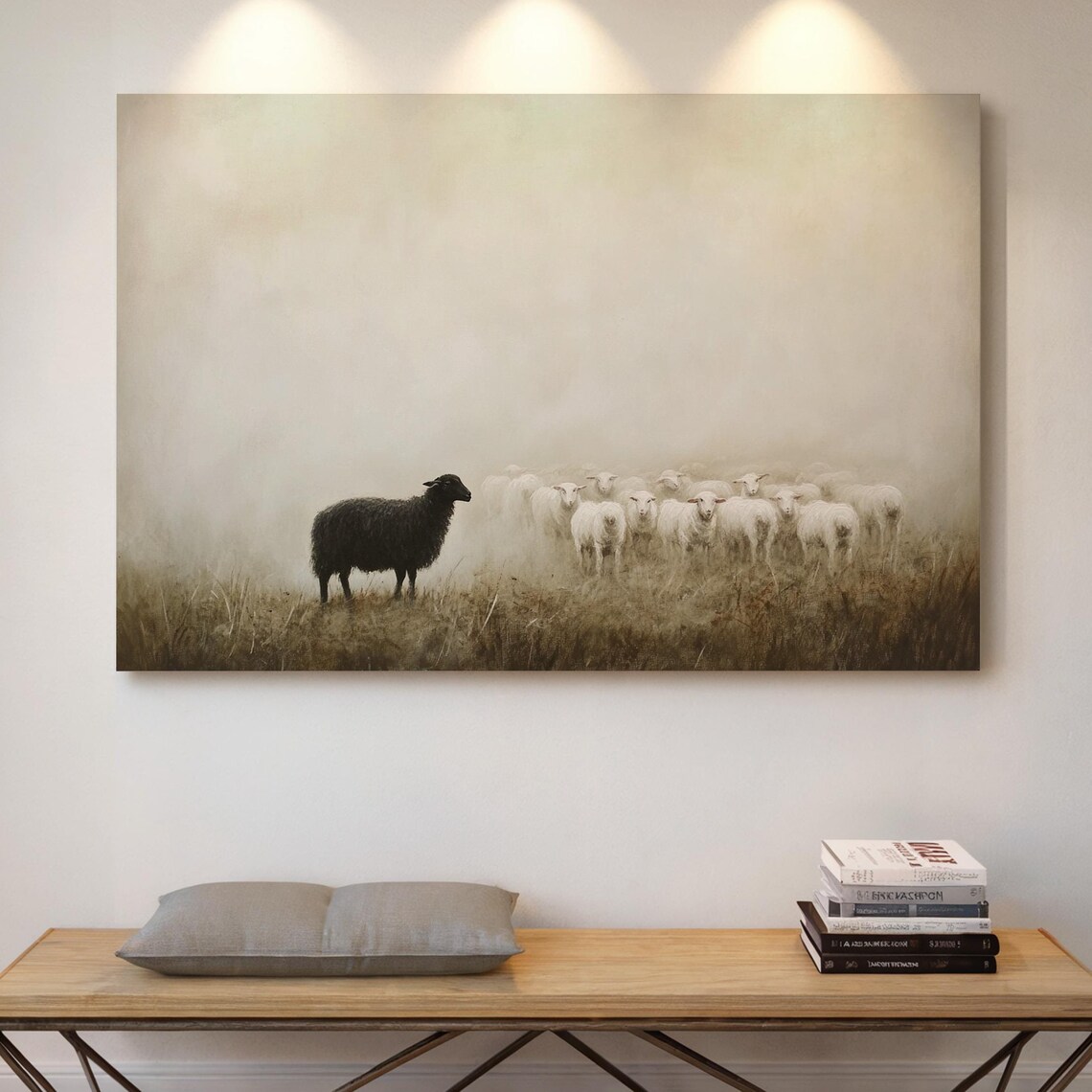 Black Sheep In Foggy Pasture Rustic Farmhouse Art Print