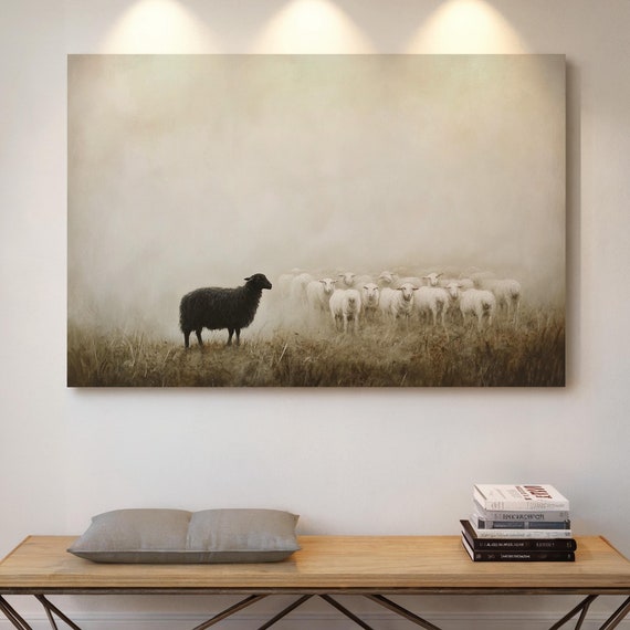 Black Sheep In Foggy Pasture Rustic Farmhouse Art Print