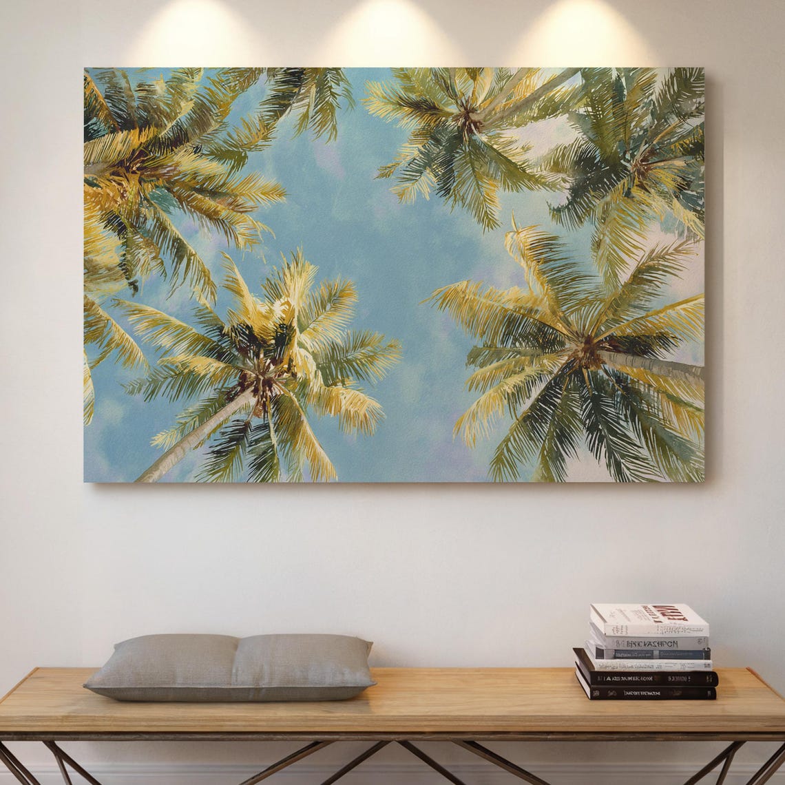 Palm Tree Canopy View Against Blue Sky Tropical Island Breeze Wall Art