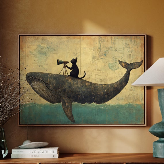 Whimsical Cat and Whale Adventure, Vintage Nautical Map