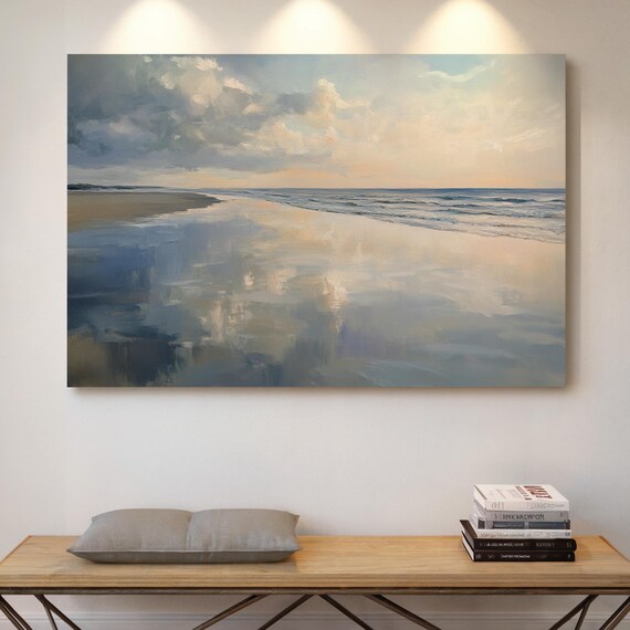 Tranquil Beach At Dawn With Cloud Reflections On Wet Sand Poster