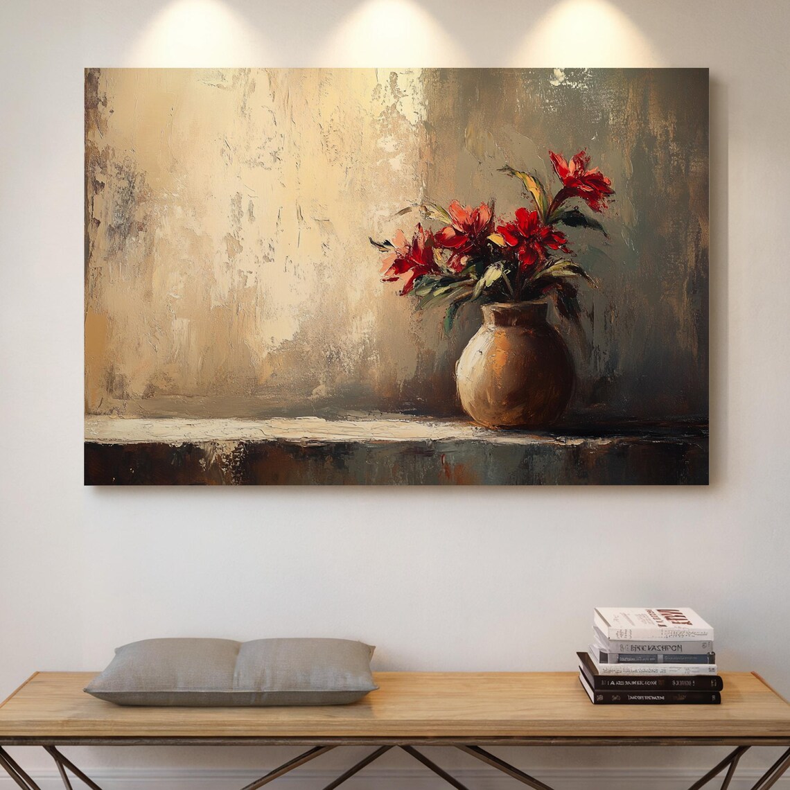 Red Blooms In Ceramic Vase On Shelf Textured Rustic Floral Poster