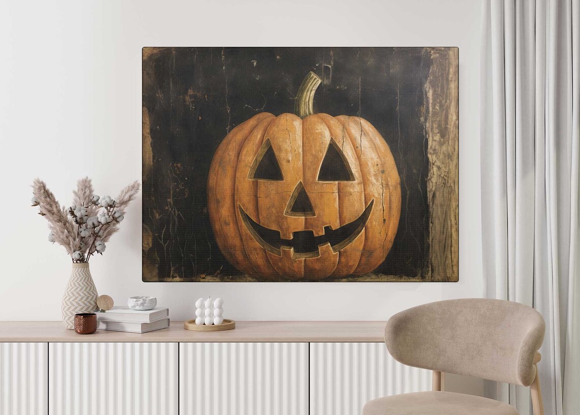 Vintage Jack O Lantern Grinning Pumpkin Dark Halloween Decor Poster - Image 3