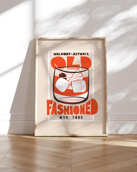 Old Fashioned Cocktail Bar Art Poster Waldorf Astoria NYC Whiskey Decor