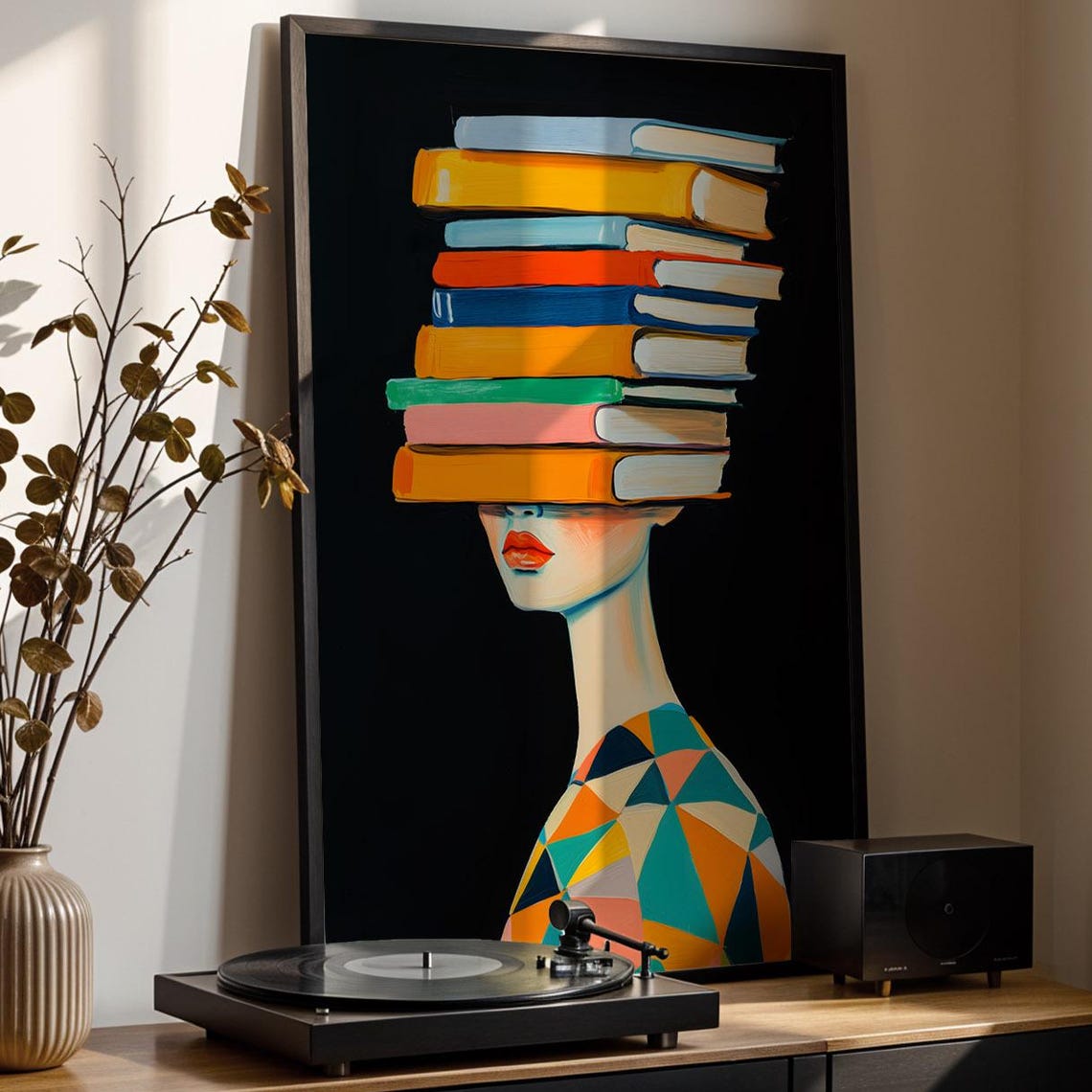Abstract Woman With Book Stack Head Colorful Modern Art Poster