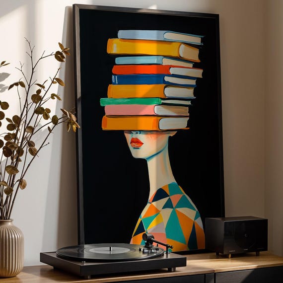 Abstract Woman Portrait Art Print Colorful Books Modern Wall Decor