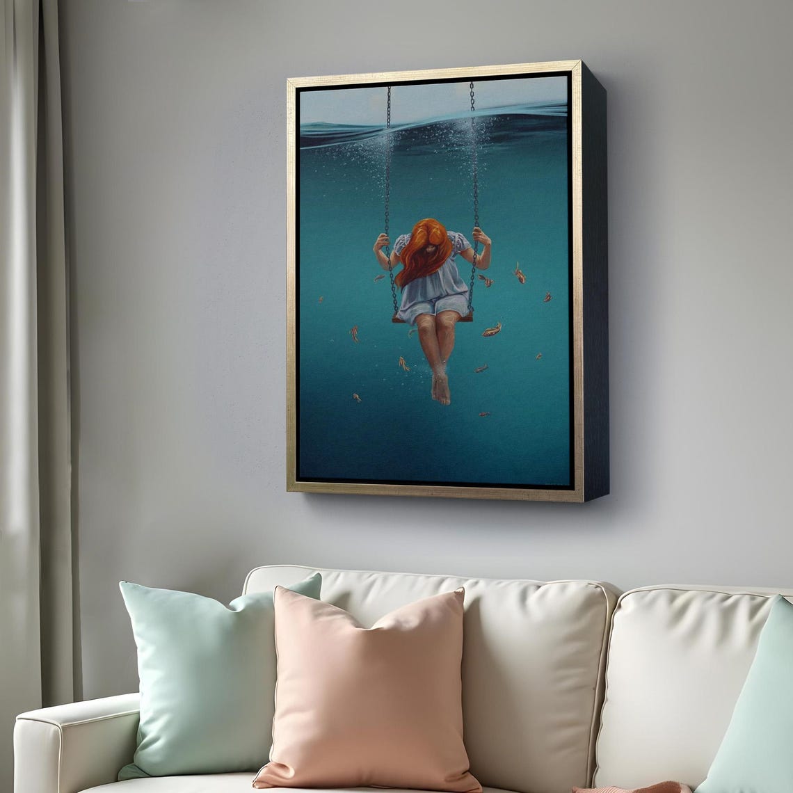 Girl Swinging Underwater Beneath The Waves Surreal Ocean Dream Print - Image 4