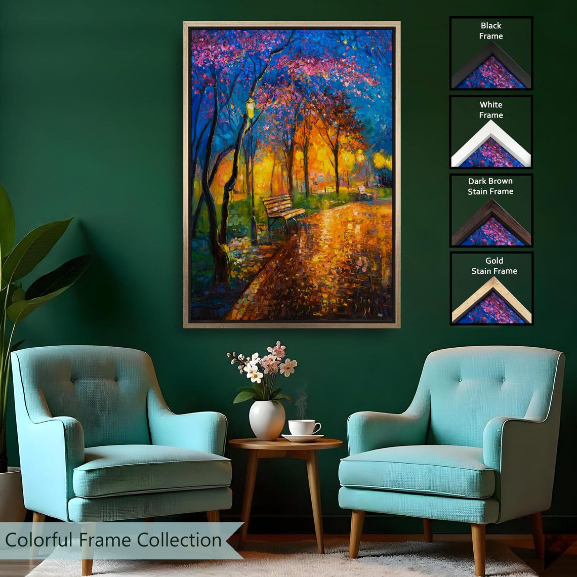 Night Park Glowing Lamplights Path Colorful Trees Painting Poster - Image 2