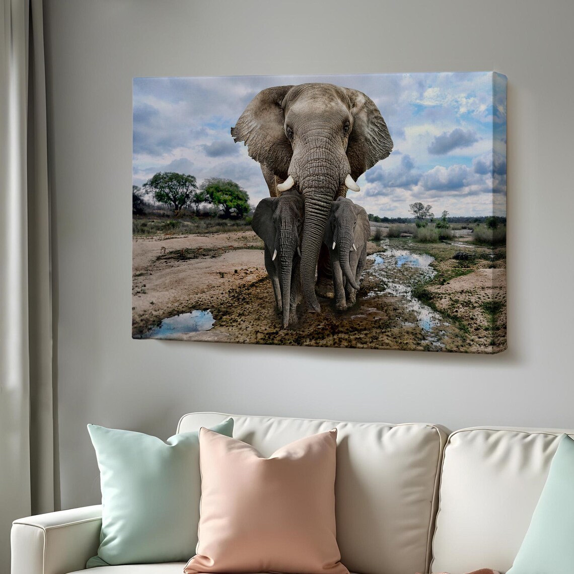 Mother Elephant With Two Calves Walking Safari Waterhole Photo Poster