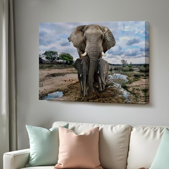 Mother Elephant With Two Calves Walking Safari Waterhole Photo Poster