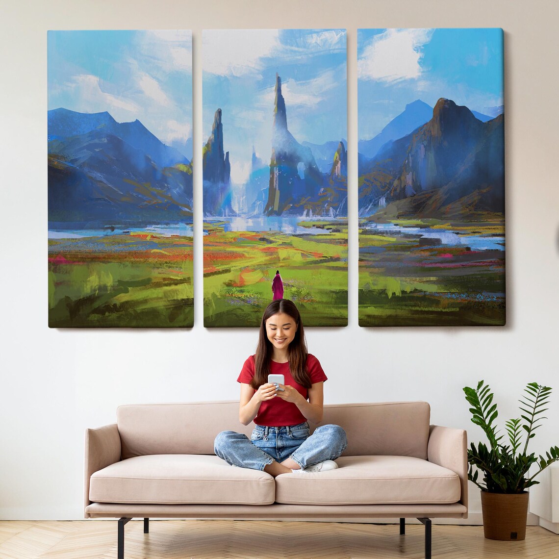 Crimson Cloak Woman Walking Vibrant Fantasy Mountain Valley Poster - Image 2