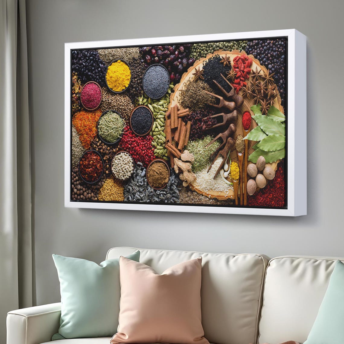 Colorful Spices Bowls Overhead Dark Background Kitchen Wall Art - Image 3