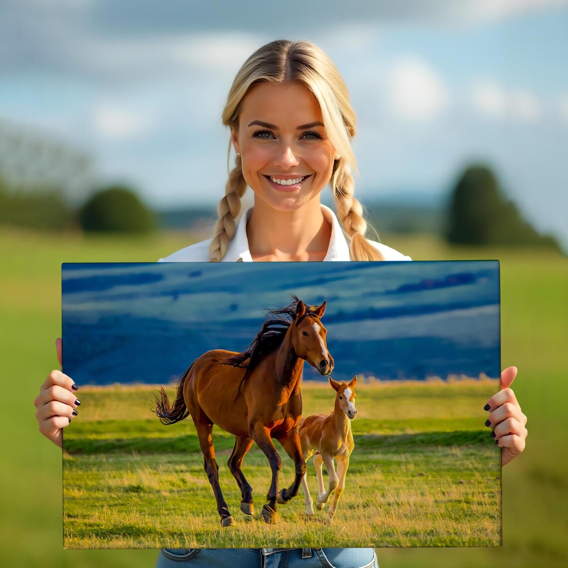 Chestnut Mare And Foal Running Green Pasture Sunset Horse Wall Art - Image 5