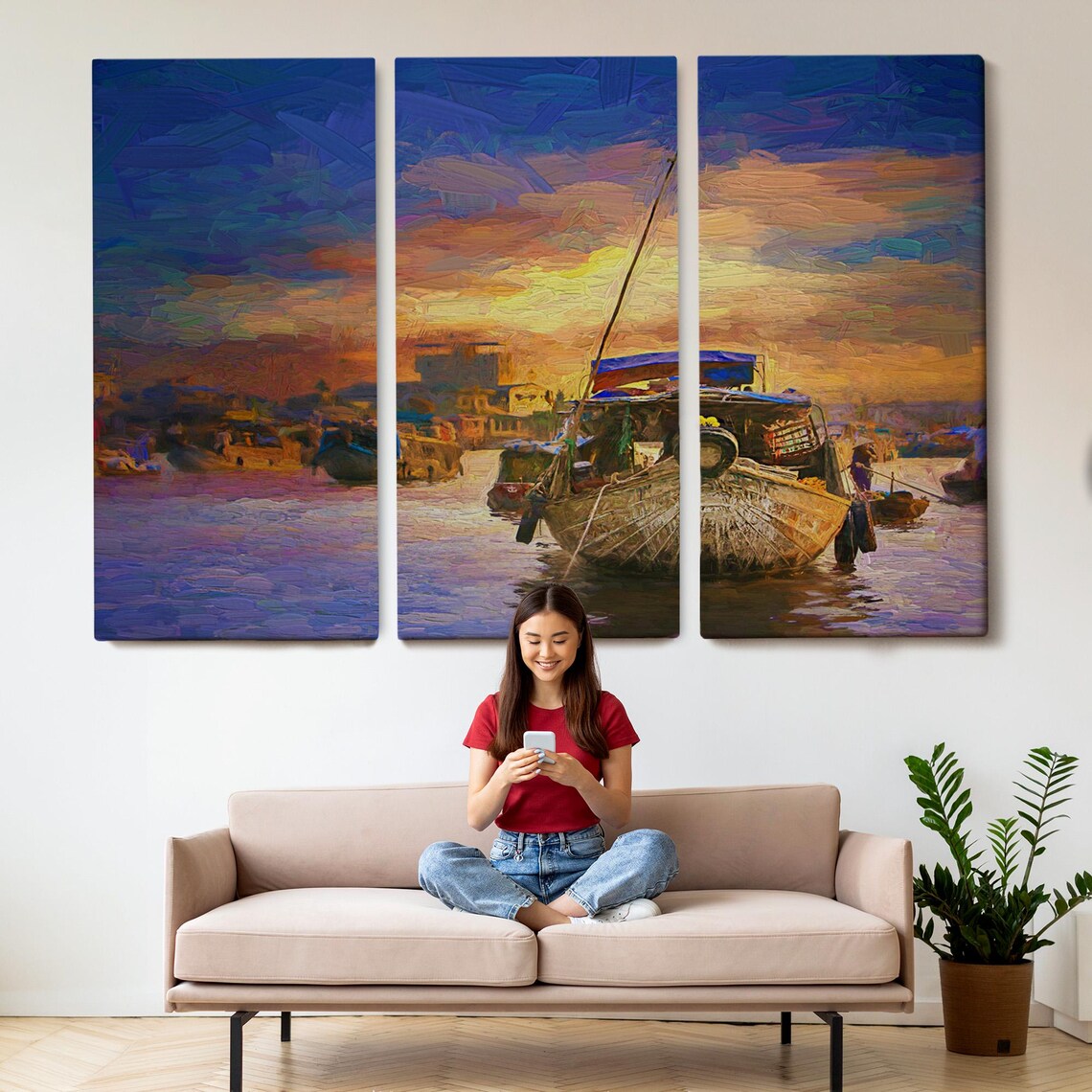 Colorful Floating Market Sunset Painting Woven Boats River Poster - Image 2