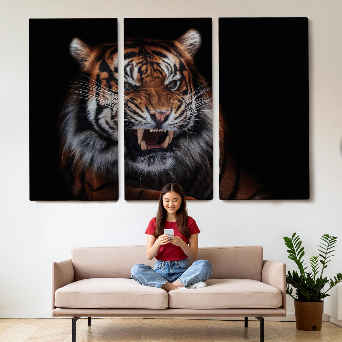 Snarling Tiger Close Up Dramatic Black Wildlife Portrait Wall Art - Image 2