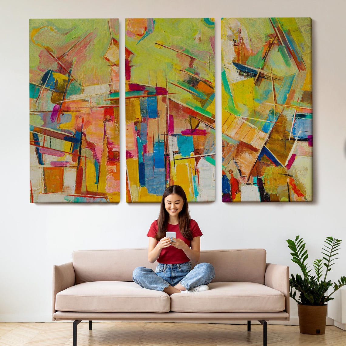 Vibrant Colorful Abstract Cubist City Skyline Yellow Orange Art Poster - Image 2
