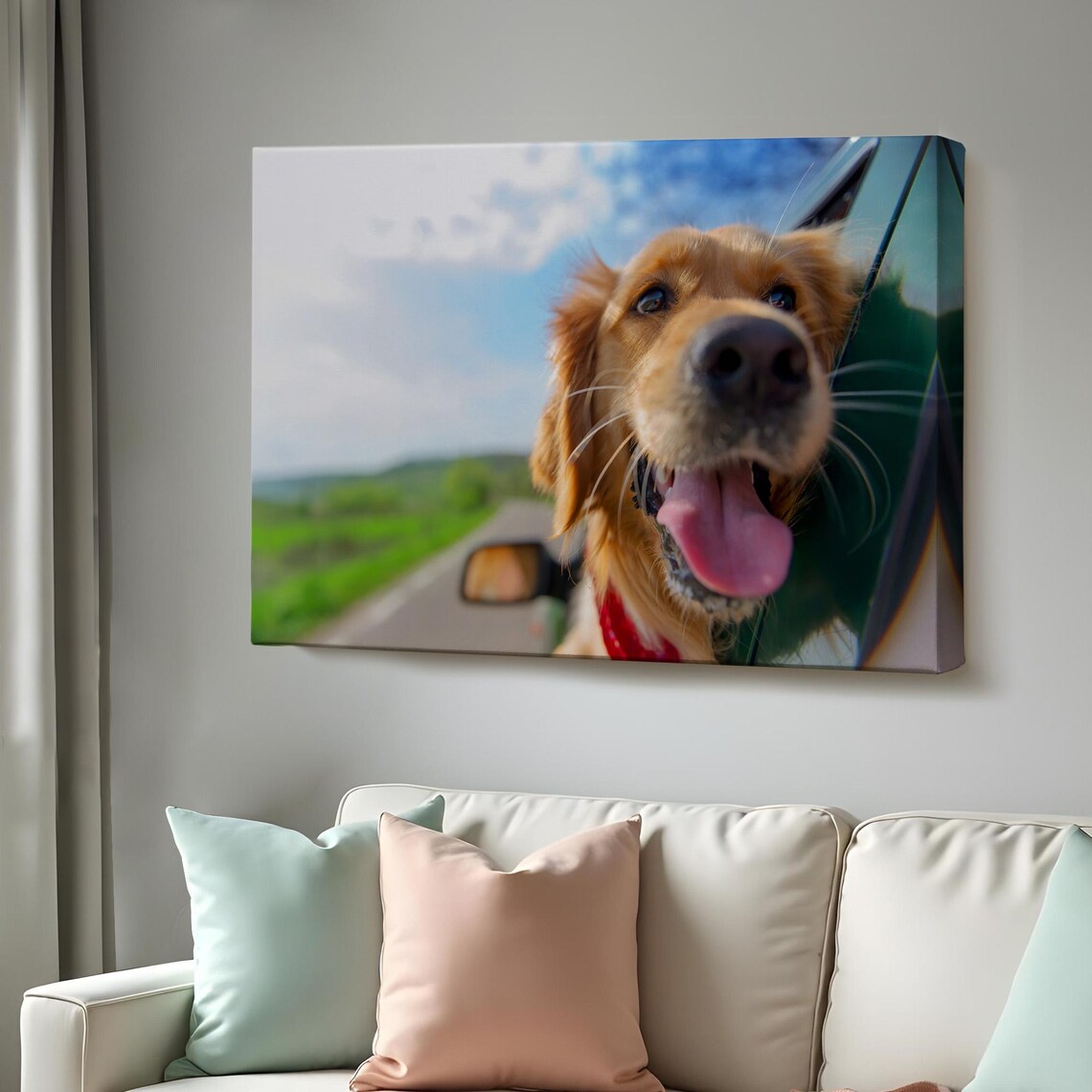 Happy Golden Retriever Head Out Car Window Road Trip Photo Poster