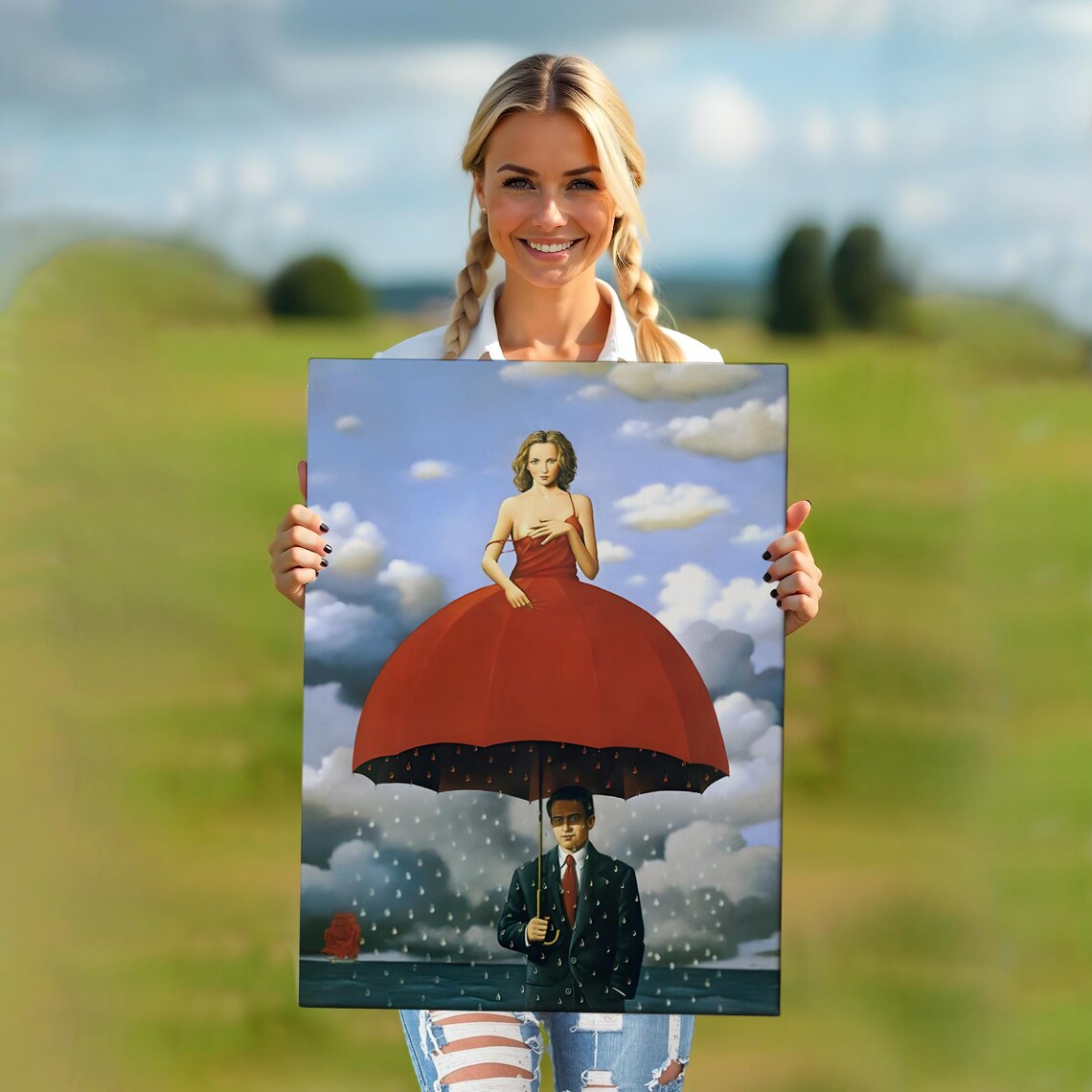 Surreal Woman Umbrella Dress Businessman Rain Dreamlike Canvas Wall Art - Image 5
