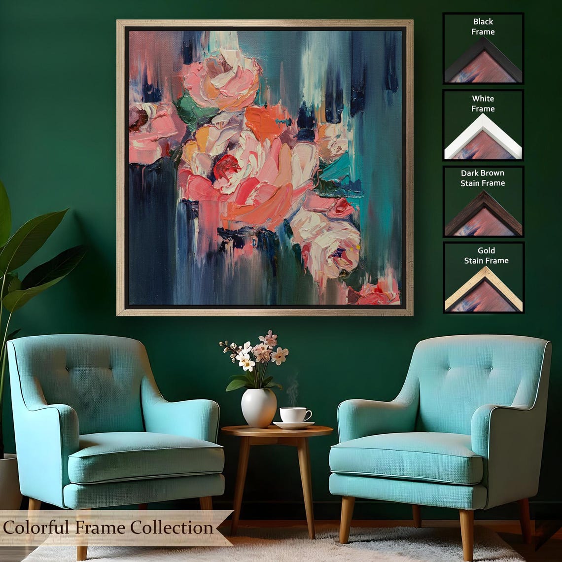 Abstract Pink Roses Impasto Painting Dark Teal Background Art Poster - Image 2
