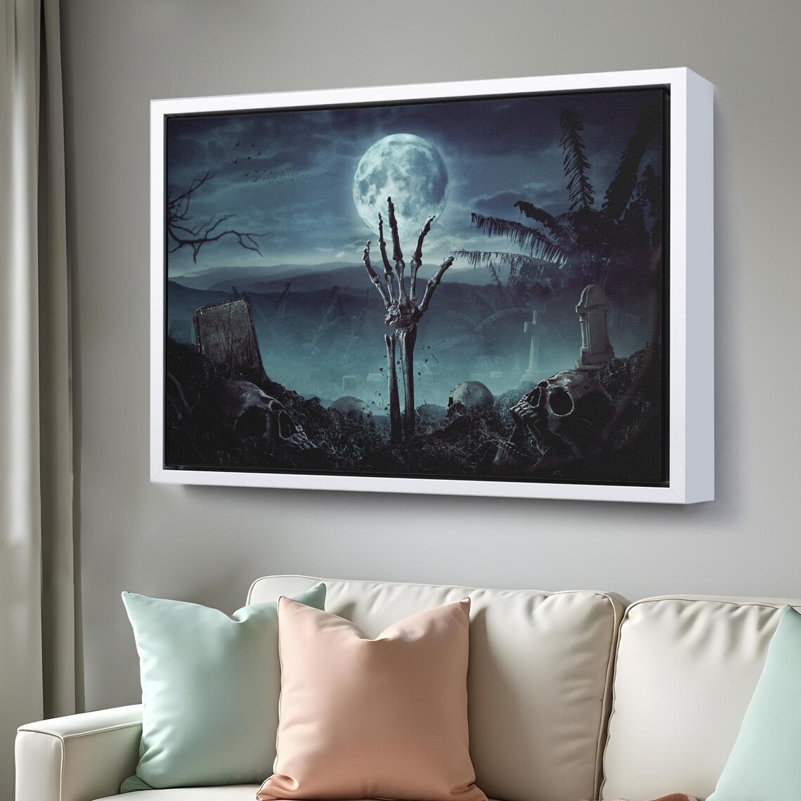 Skeleton Hand Graveyard Skulls Full Moon Dark Horror Night Wall Art Poster - Image 3