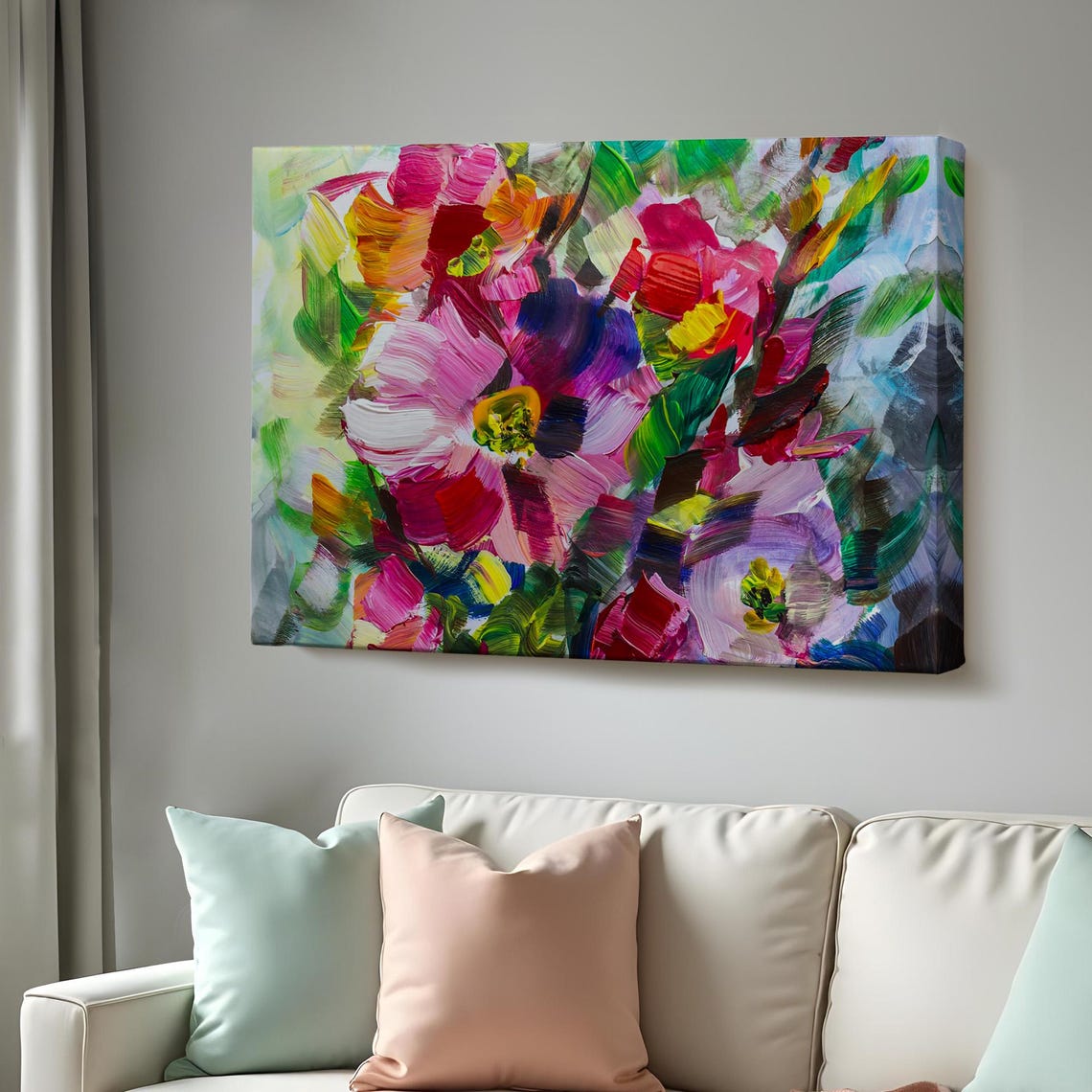 Abstract Pink Bloom Colorful Floral Impasto Oil Painting Wall Art