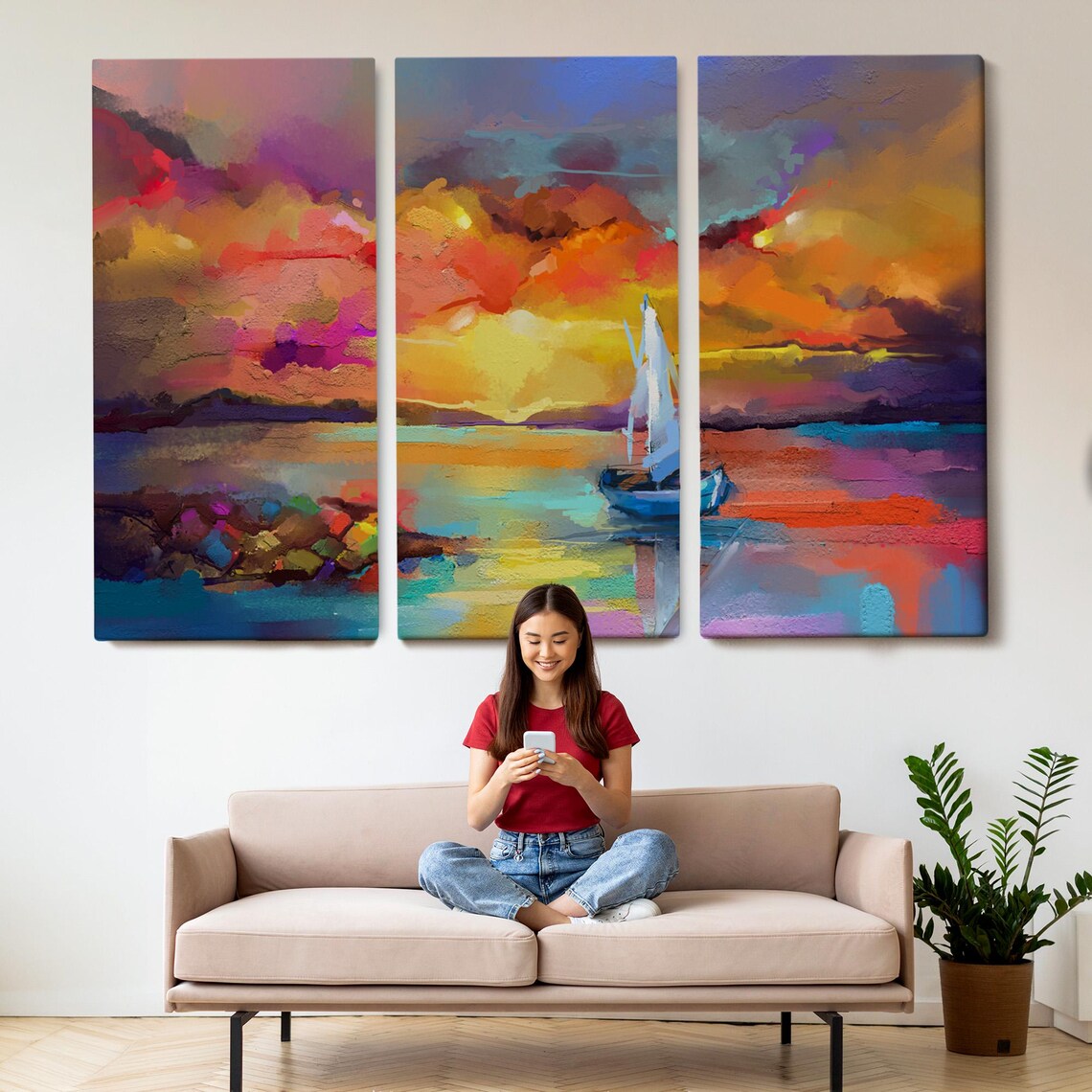 Vibrant Sunset Sailboat Seascape Oil Painting Colorful Ocean Poster - Image 2