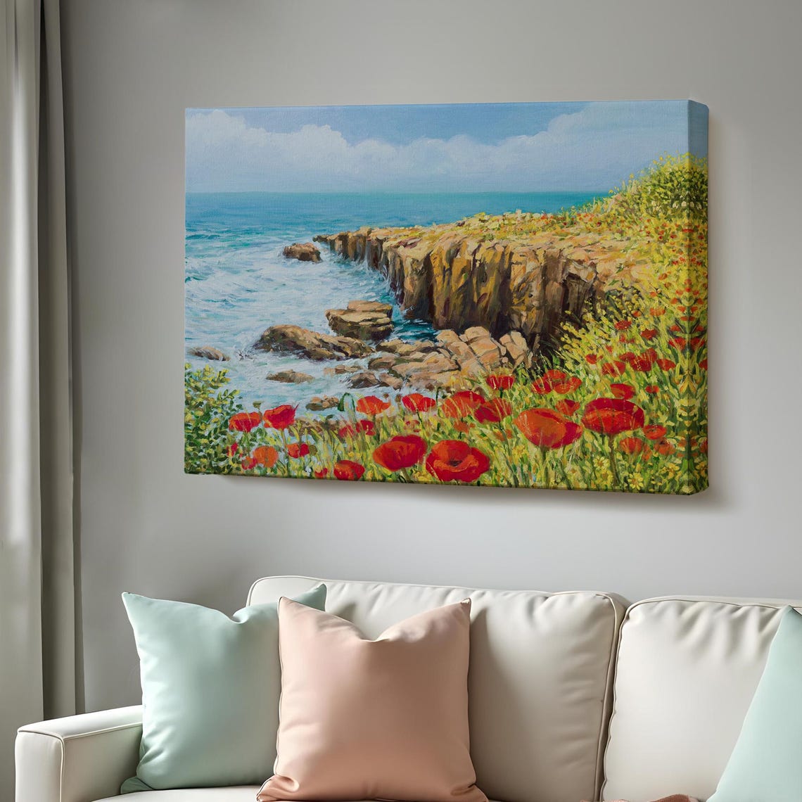 Rocky Coastal Cliffs Red Poppies Turquoise Sea Oil Painting Poster