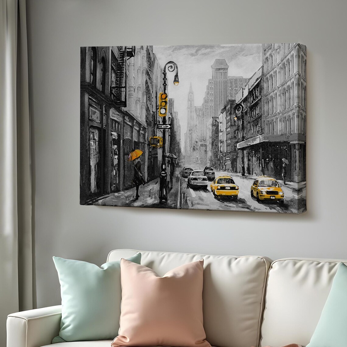 New York City Street Yellow Taxis Black White Rain Umbrella Art Poster