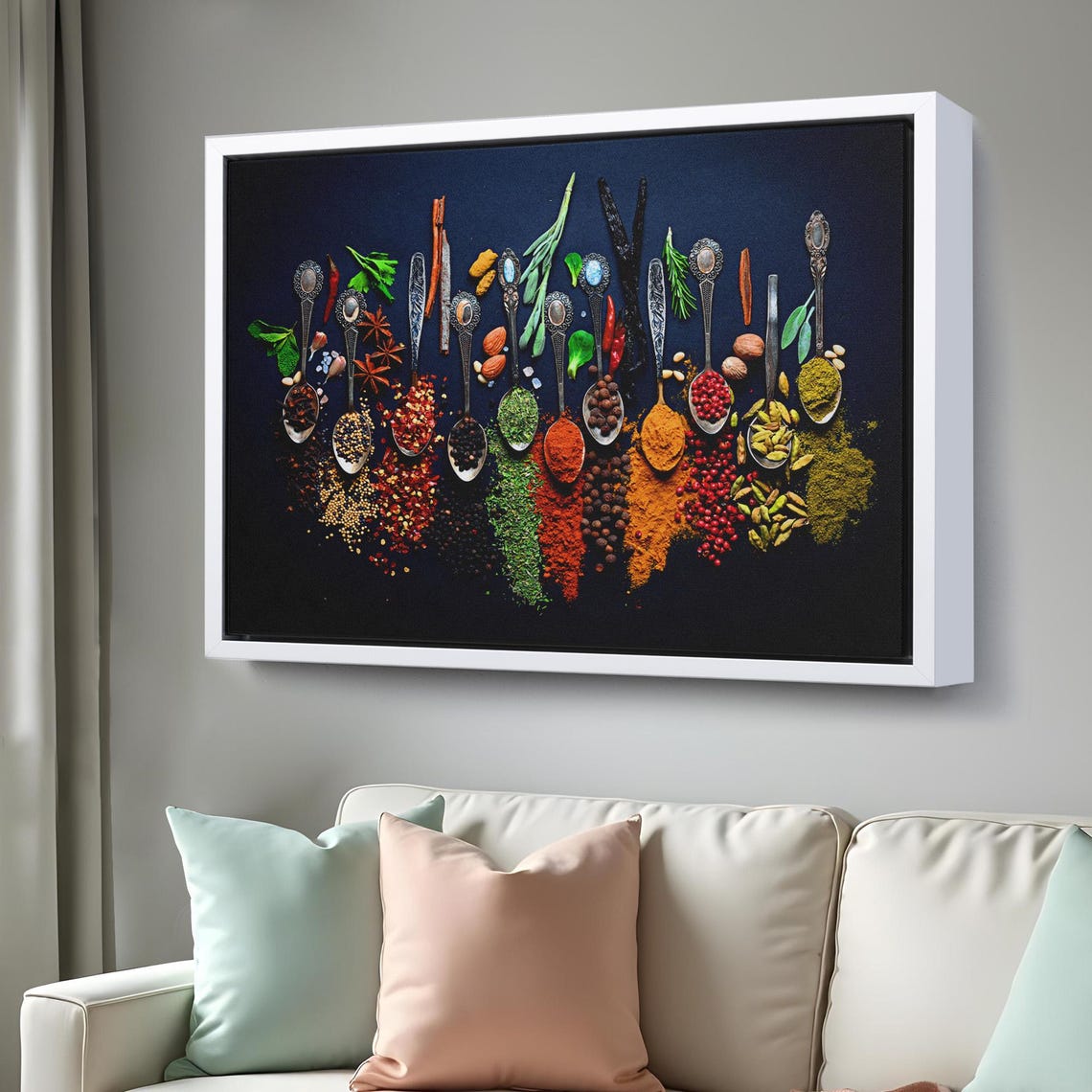 Spices On Vintage Spoons Dark Background Kitchen Still Life Wall Art - Image 3