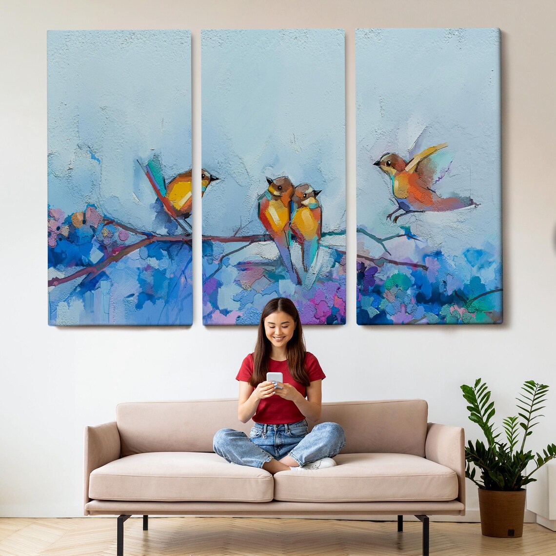 Four Colorful Songbirds on Blossoming Branch Spring Bird Art Poster - Image 2