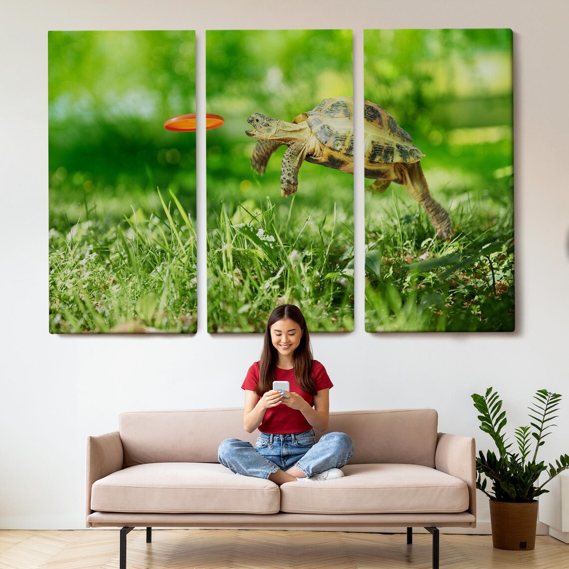 Funny Tortoise Jumping To Catch Orange Frisbee Green Grass Photo Poster - Image 2