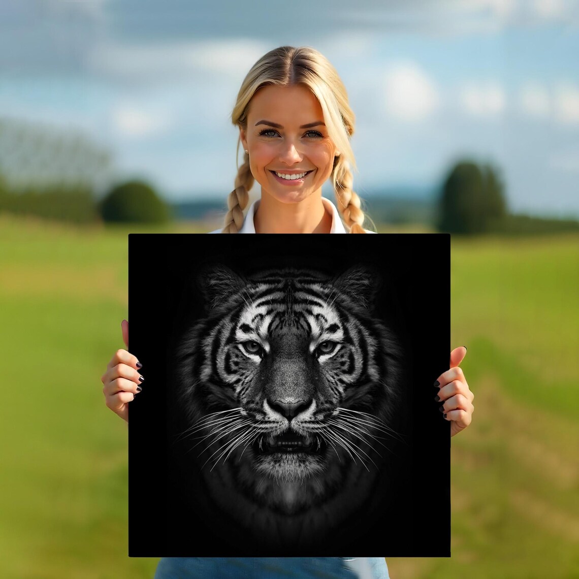 Dramatic Black And White Tiger Face Portrait Dark Background Wildlife Wall Poster - Image 5