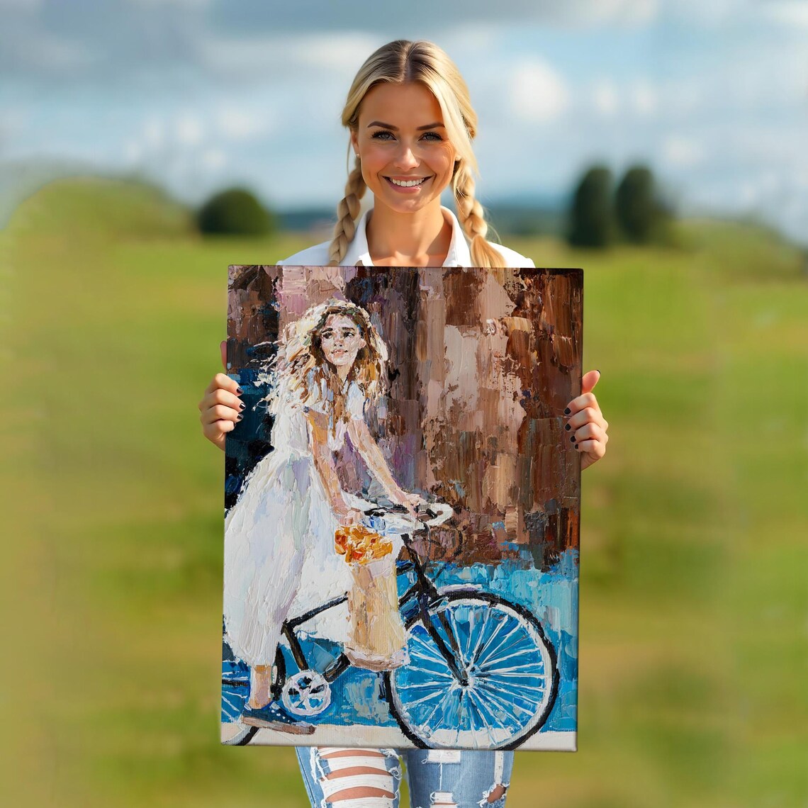 Girl In White Dress Riding Bicycle Impressionist Summer Joy Wall Art - Image 5
