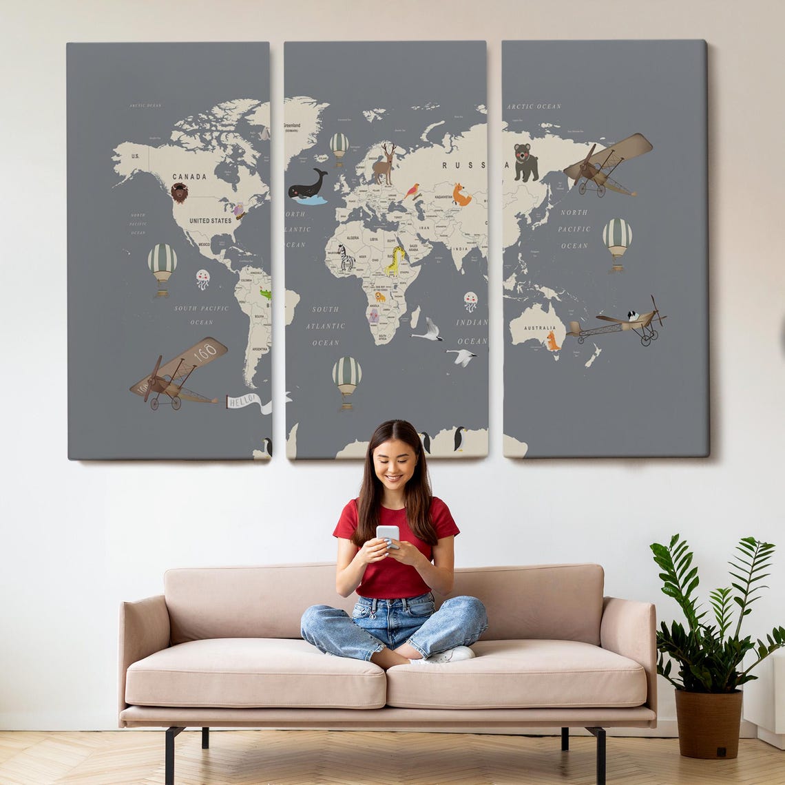 Kids World Map Animals Airplanes Nursery Educational Wall Art Poster - Image 2