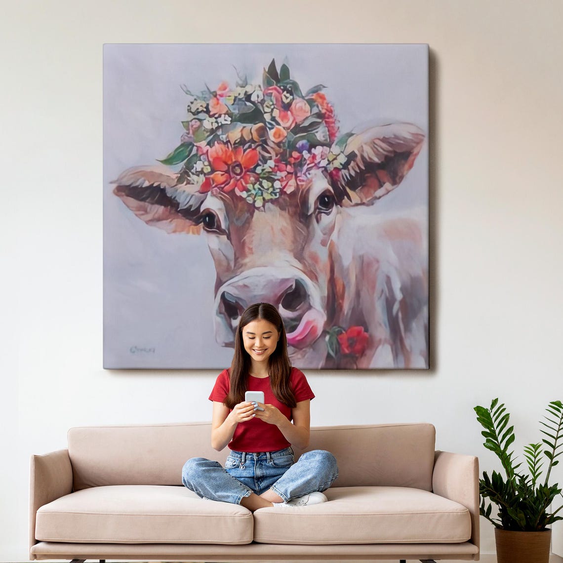 Cute Cow with Flower Crown Whimsical Farm Animal Portrait Poster - Image 3