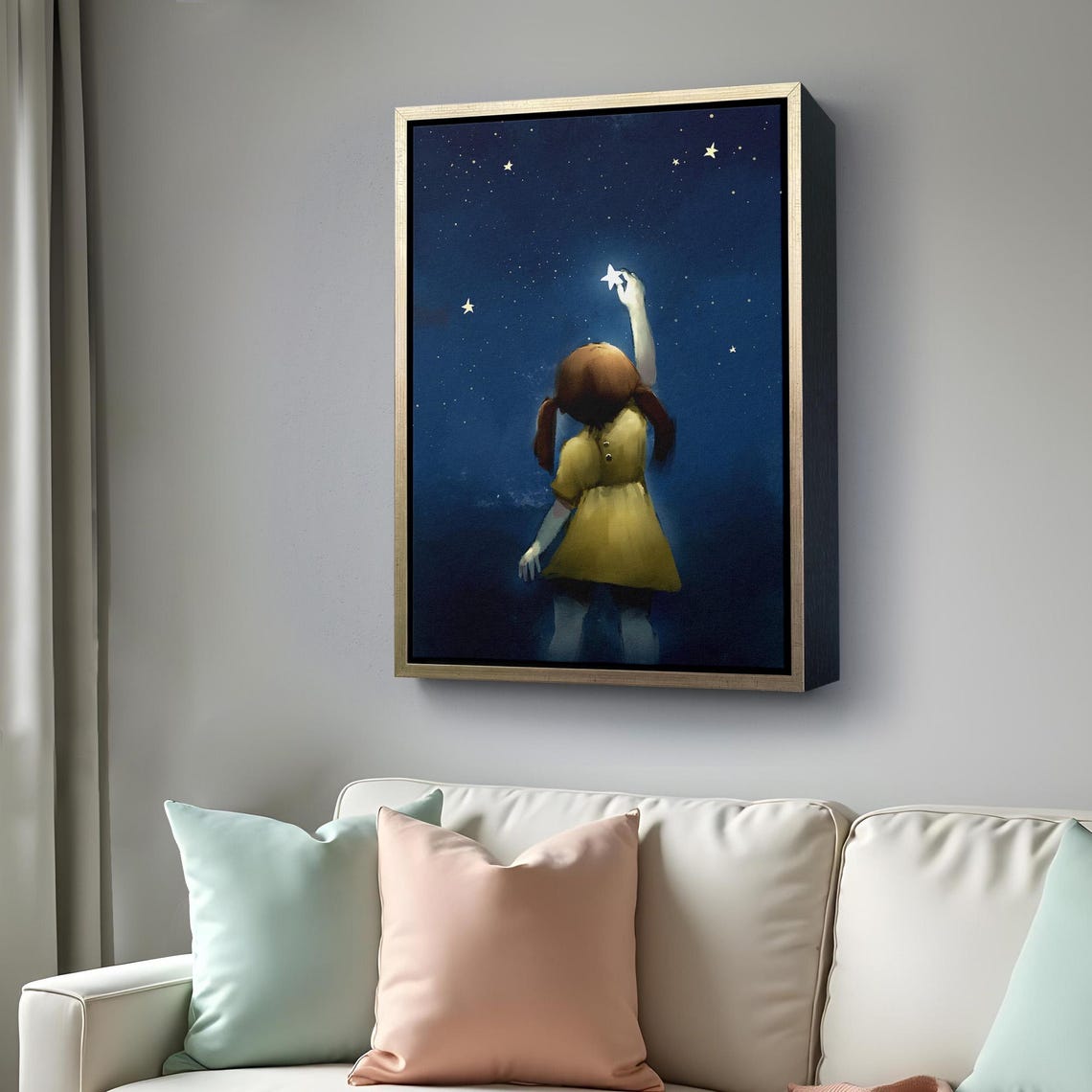 Little Girl Reaching For A Star In The Night Sky Painting Wall Art - Image 4