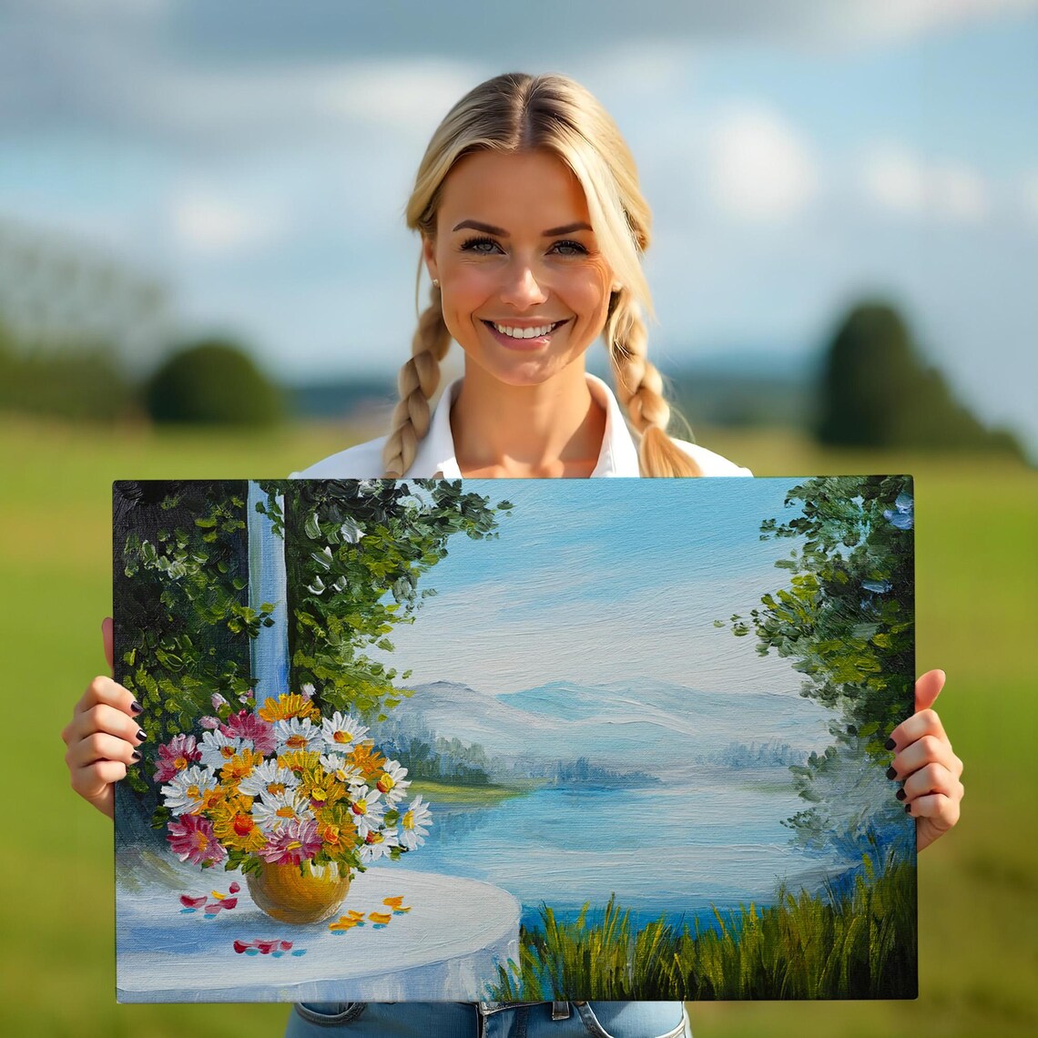 Daisy Bouquet Golden Vase Lakeside View Summer Floral Painting Poster - Image 5