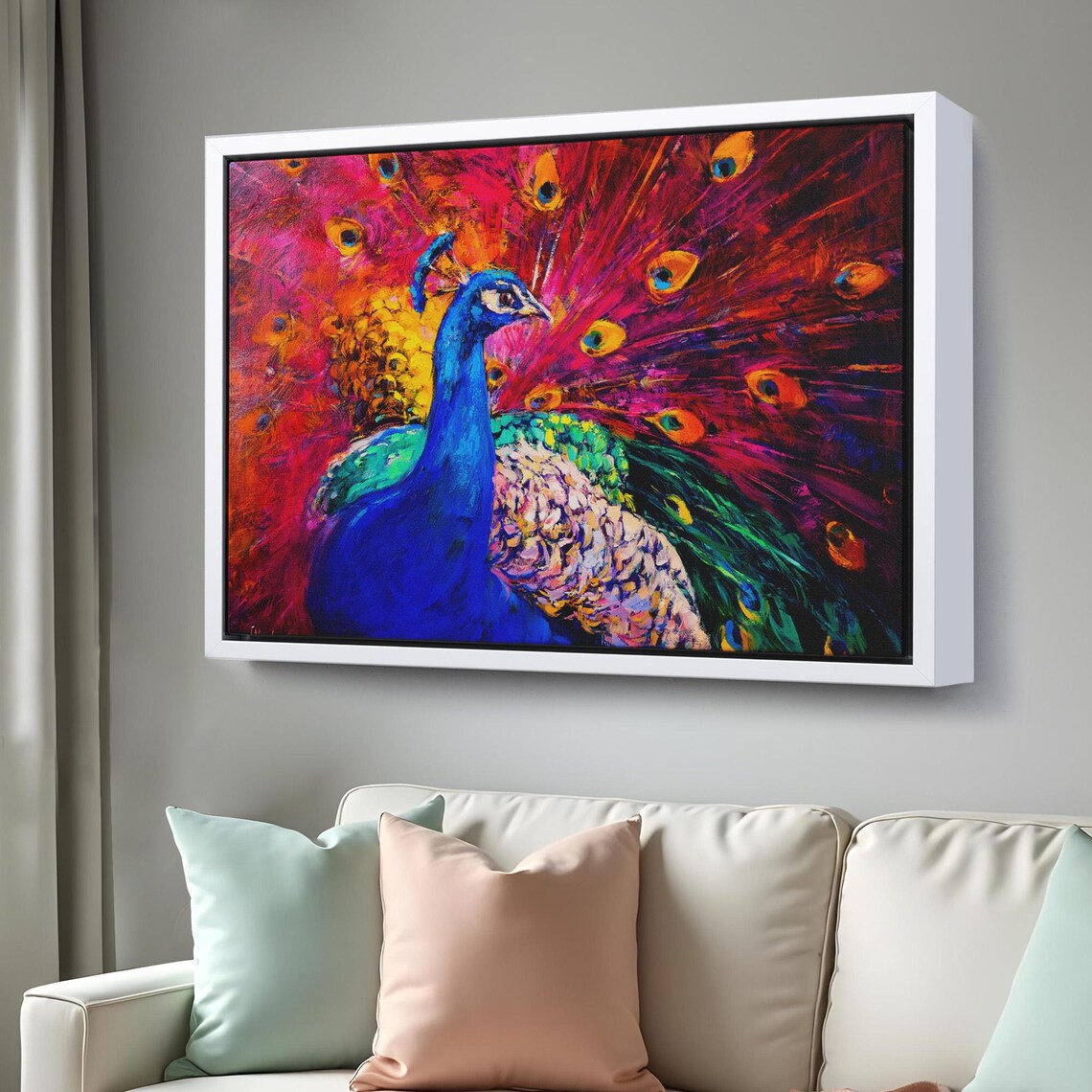 Colorful Peacock With Fanned Tail Vivid Oil Painting Bird Wall Art - Image 3