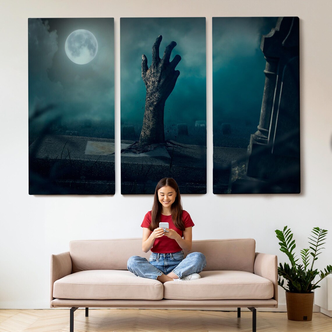 Zombie Hand Rising Graveyard Full Moon Spooky Horror Night Wall Art Poster - Image 2