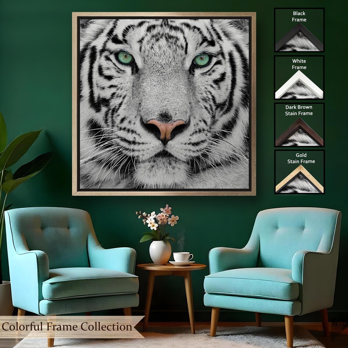 Majestic White Tiger Face Close Up Green Eyes Wildlife Photography Wall Poster - Image 2