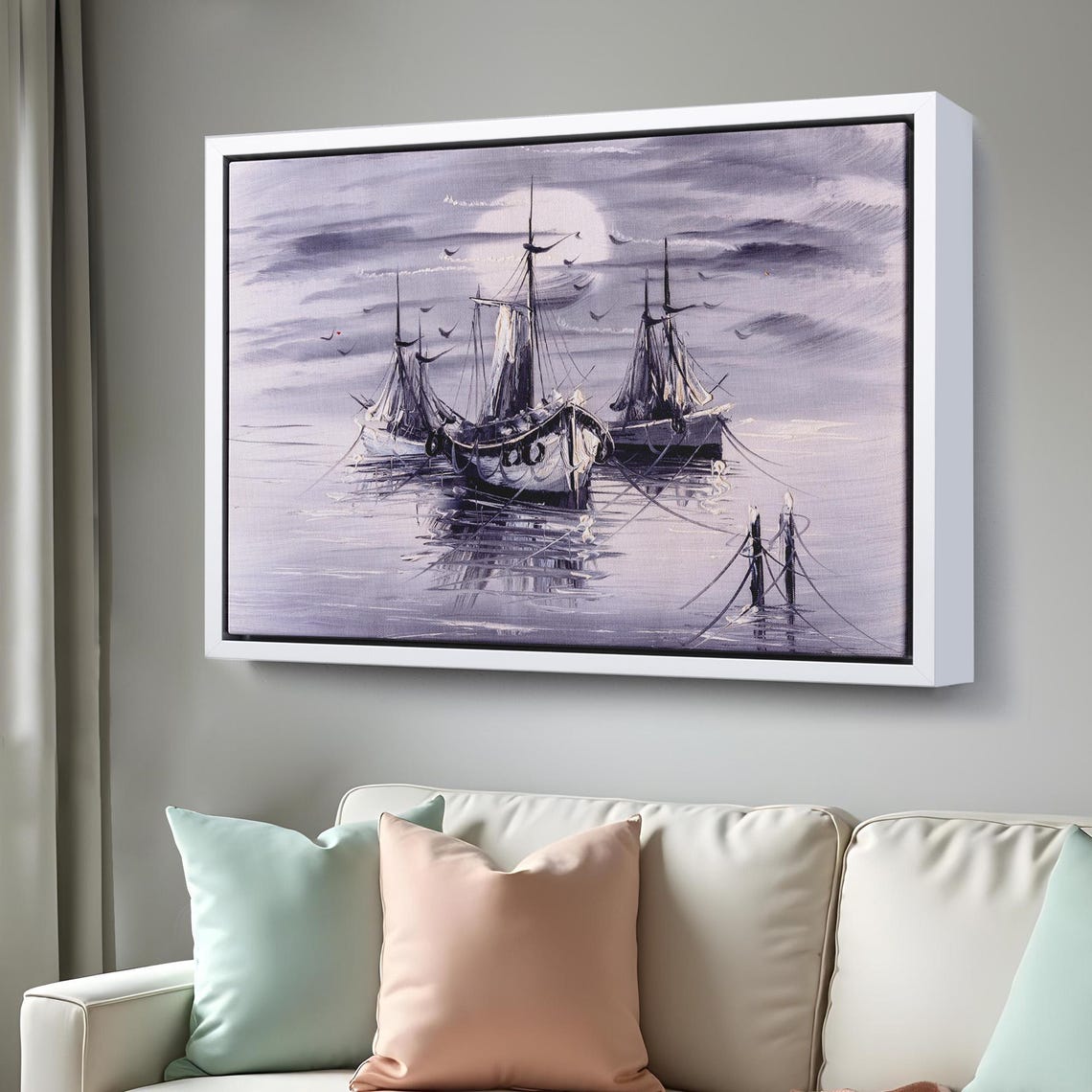 Moonlit Harbor Sailing Boats Purple Gray Night Seascape Poster - Image 3